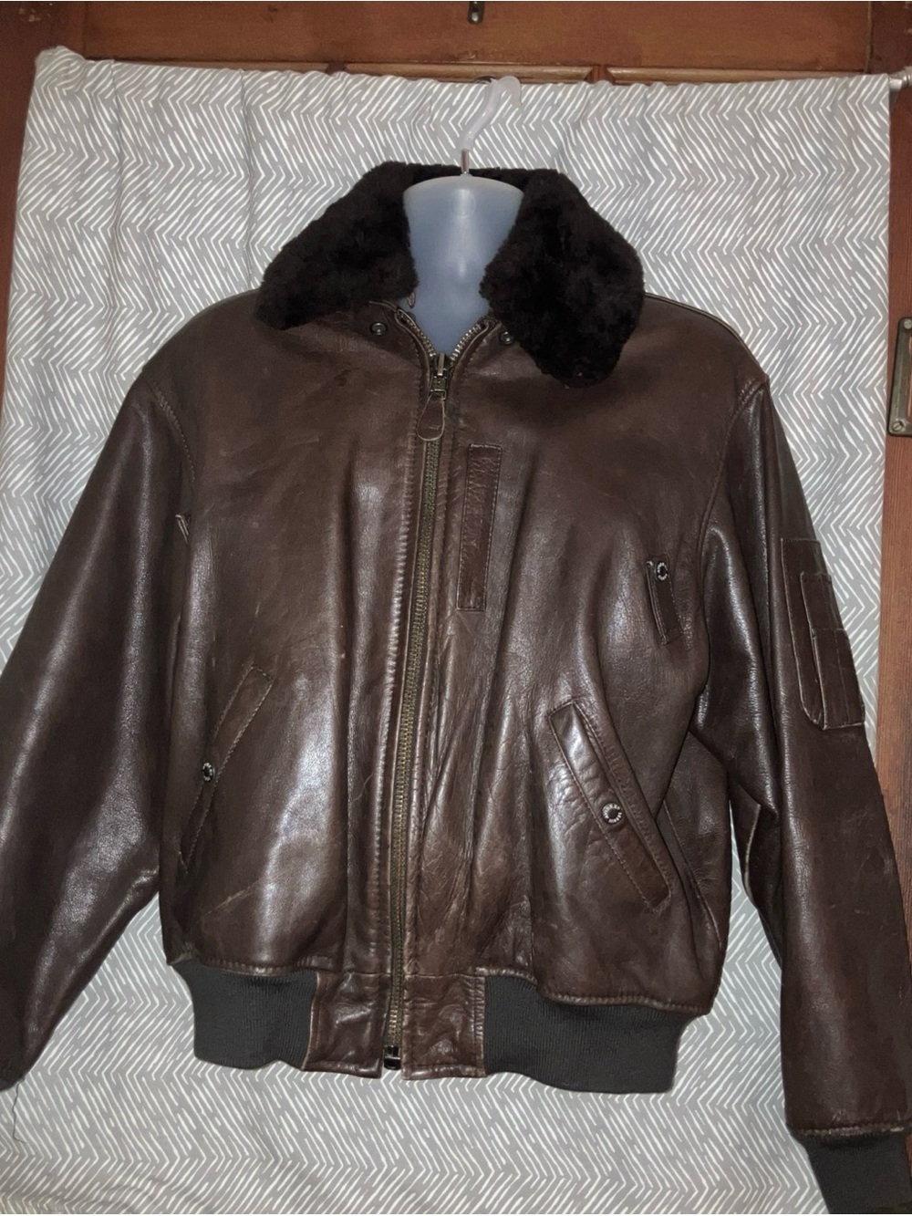 Men's Brown Leather Bomber Jacket with Fur Collar